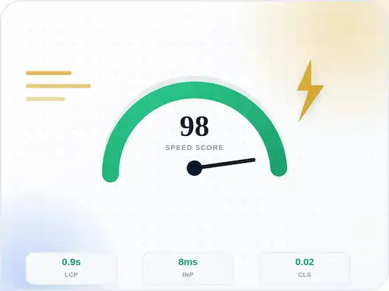 Speed-optimized core showing 98 speed score and Core Web Vitals